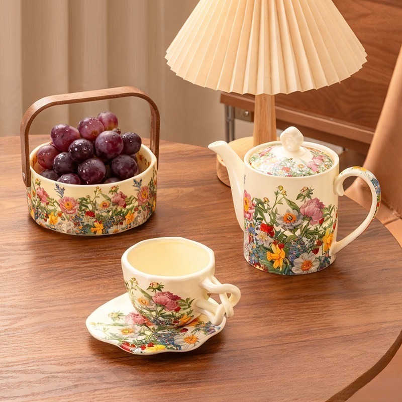 Coffee Tea Gift Basket - 유럽풍 빈티지 꽃무늬 세라믹 티 세트,