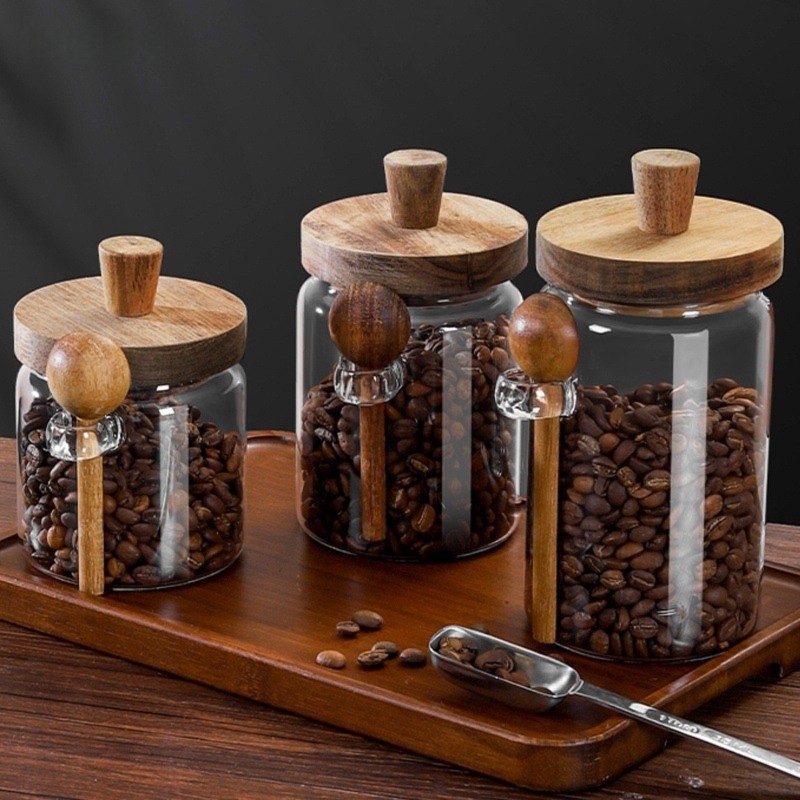 Canister Coffee Sugar Tea - ABJI-유리병 나무 뚜껑과 스푼 포함 13&20&30온스