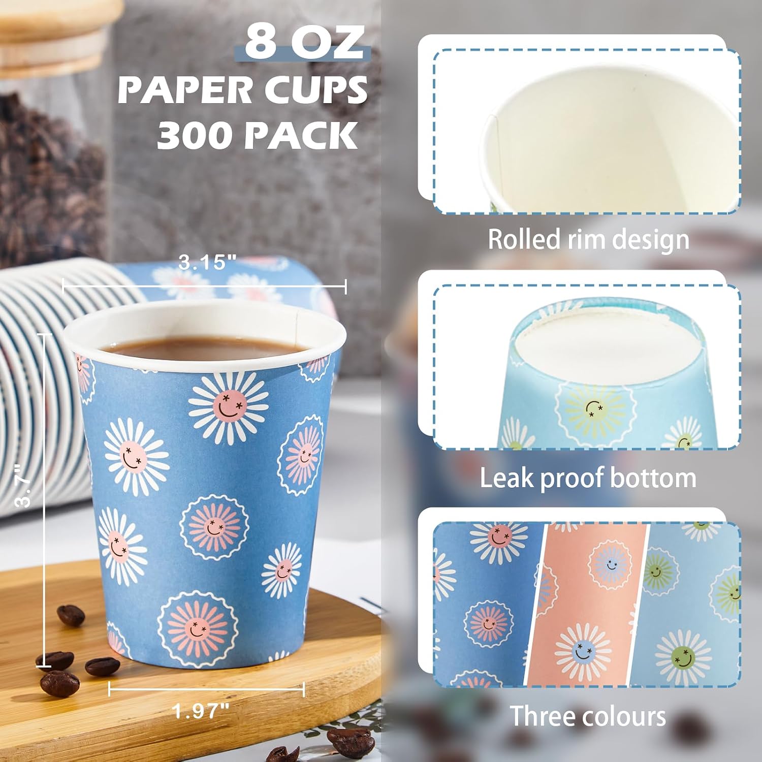 300팩 8온스 일회용 종이컵, 꽃무늬 데이지 디자인, - Coffee Tea Images 리뷰 및 가격